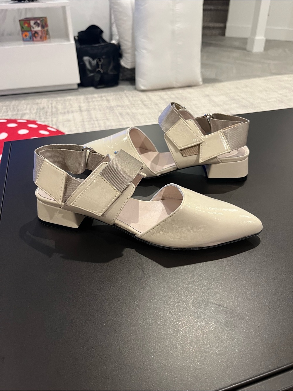 Pointed-Toe Cream Low Block Heel Slingback by